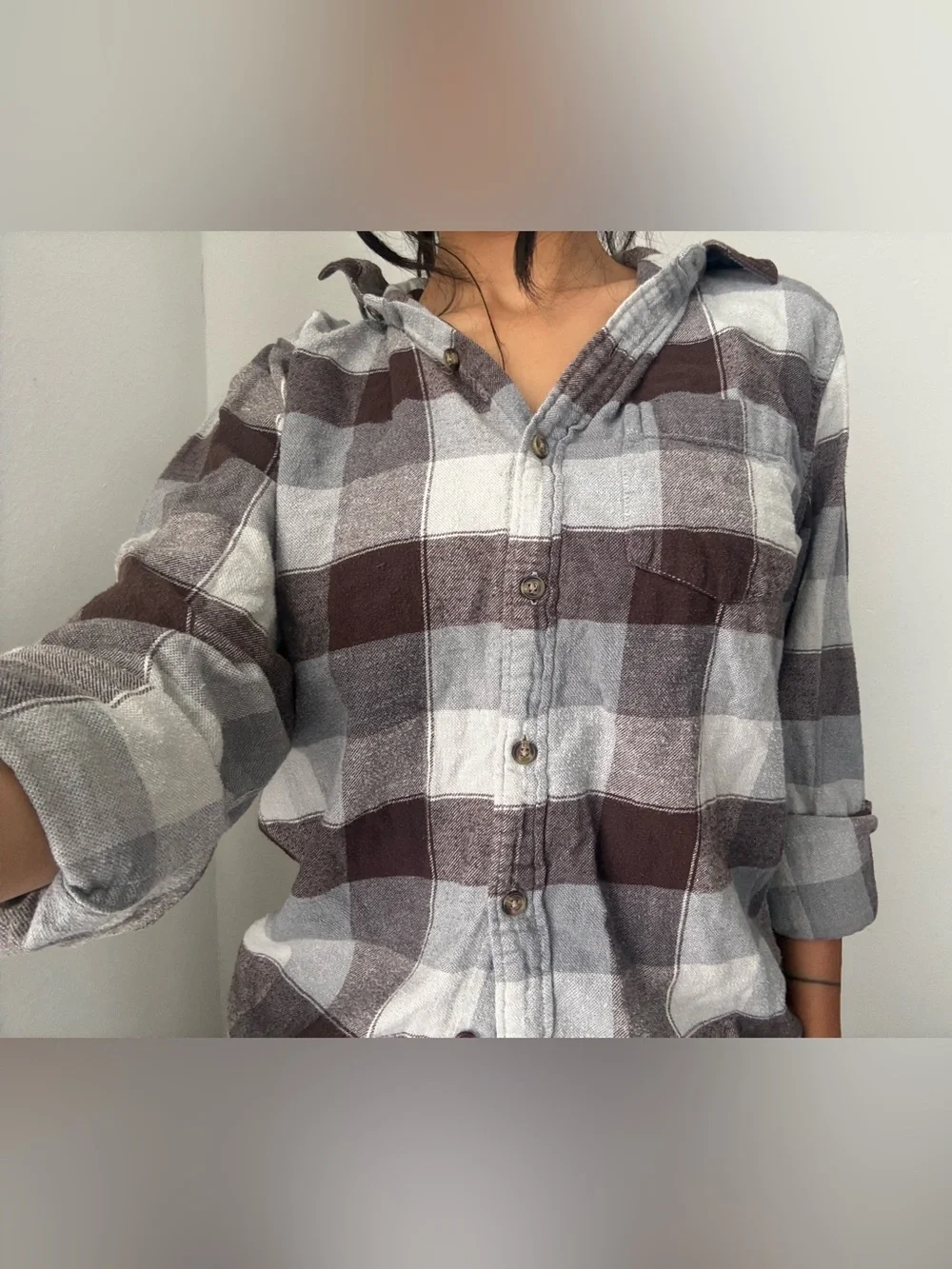 Hollister Brown and Gray Plaid Button-Down Shirt